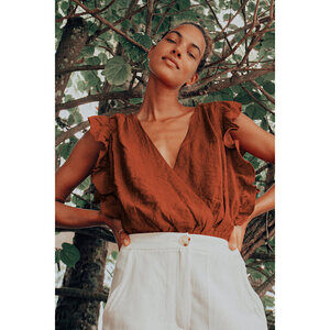 Lulus Smile Awhile Rust Red Ruffled Surplice Bodysuit